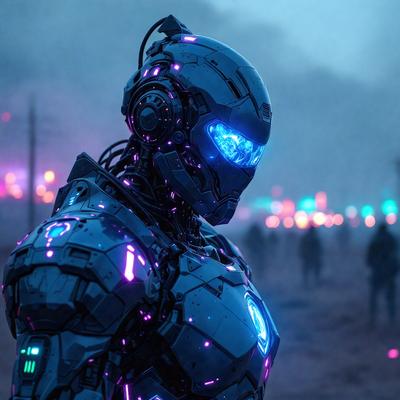 The primary subject of the image is a futuristic robot with a blue and purple color scheme. The robot is the main focus of the scene, and it appears to be a digital art or illustration. The setting is a dark, foggy environment, which adds to the overall mood of the image. The robot's design and color scheme evoke a sense of mystery and intrigue.